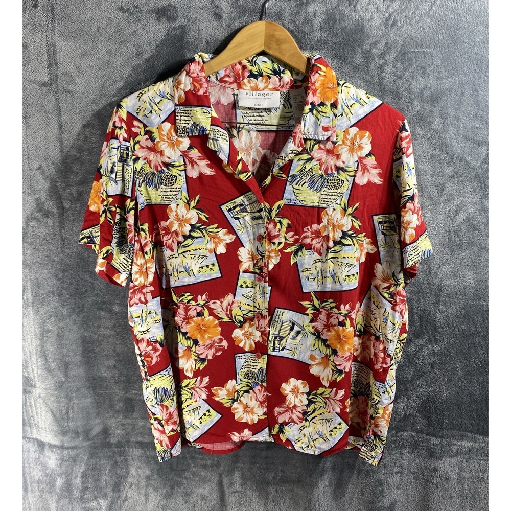 Liz Claiborne Shirt Top Womens Petite XL Red Rayon Tropical Hawaiian Button Down